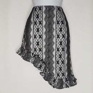 ITRO Lace Ruffle Asymmetrical Hem Black Skirt Medium